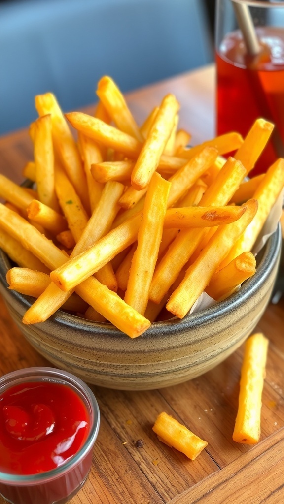 Crispy Air Fryer Frozen Fries Recipe Crispy air-fried French fries in a bowl with ketchup on a wooden table.